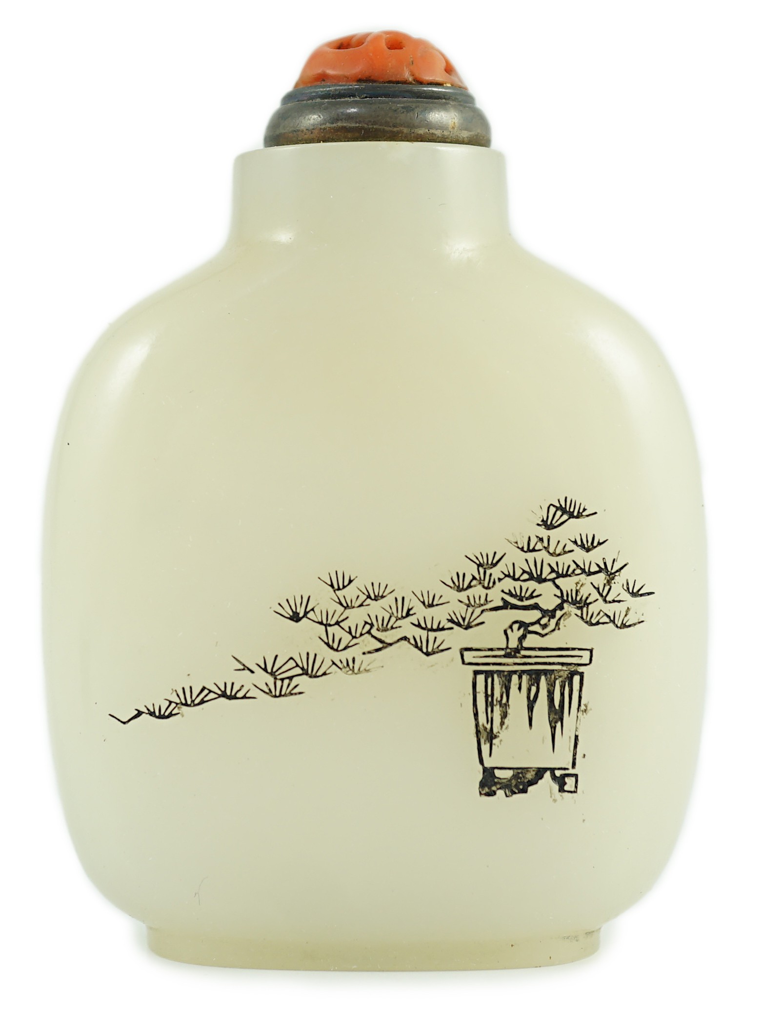 A Chinese inscribed white jade snuff bottle, 19th century, 6.7cm high, metal and coral stopper